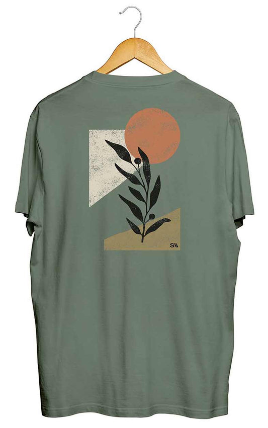 Camiseta Botânico Abstrato Verde Militar